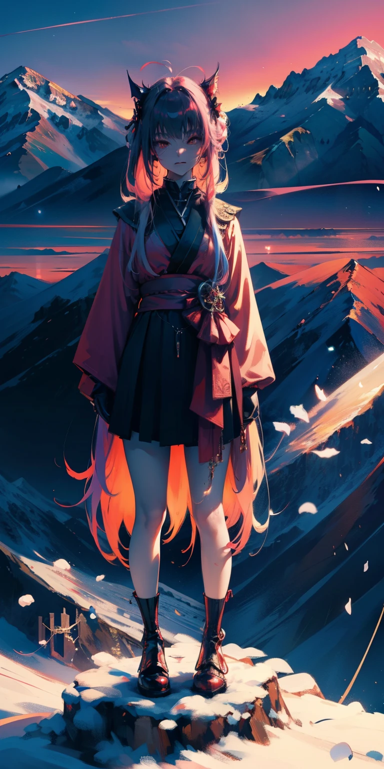 Science-Fiction, flauschige, uhd, 4k, textured skin, good quality, High details, masterpiece, best quality, (Amazingly absurd:1.2), (masterpiece:1.2), 1 Vampire Girl, evil laugh, not looking at viewer, Kimono, standing, looking in the distance, evil smirking, glowing red eyes, very long hair, shiny hair , fullbody, two colored hair, hairbow, glowing dress, black knee socks, Kawaiitech, soft colours, Kawaii, Beautiful colors, studio lighting, (Mountaintop:2), (Night:2),