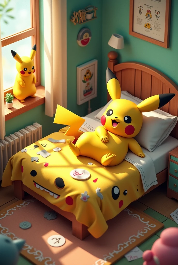 arafed bed with a pikachu face on it in a room, pikachu, bed is not made, real life pikachu, isometric pikachu figure, un made bed, large comfy bed, concept art of pikachu, pokemon inspired, pikachu on acid, extremely detailed furnitures, while posing in the same bed, bed, sonichu, half pikachu, 360º