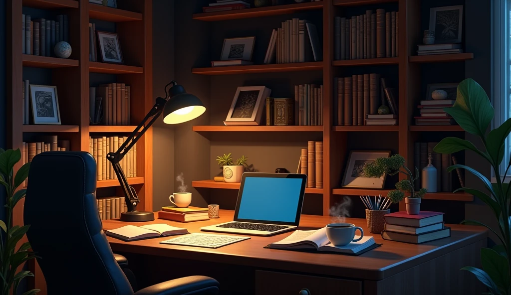 Cozy Study Space: A dimly lit room with a desk cluttered with books, a laptop, and a steaming cup of coffee. Soft light from a desk lamp casts a warm glow on the surroundings.