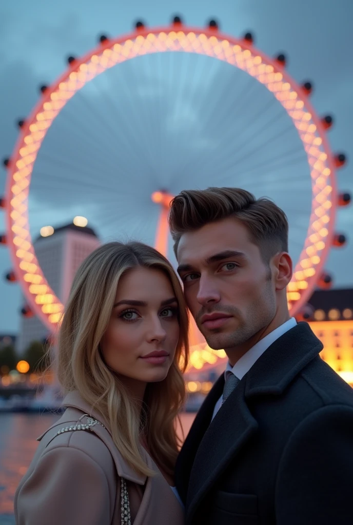 (photorealism:1.2), A couple hugging in front of the London Eye, taking a profile selfie man brown hair and eyes, with old money style haircut, blonde woman with green eyes 8k ultra realistic