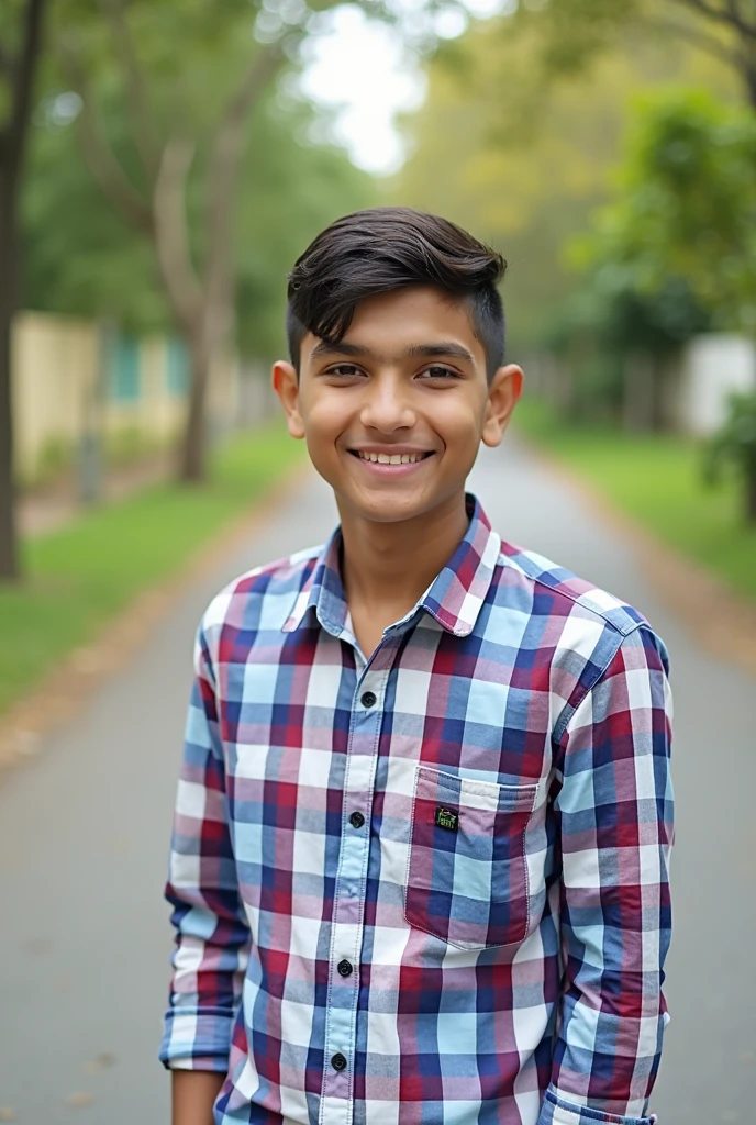 Full body photo of a 12year old male student standing and smiling outside the school, black shirt, eyes looking straight down the lens, shoes visible, Sony A1 24mm lens, daylight