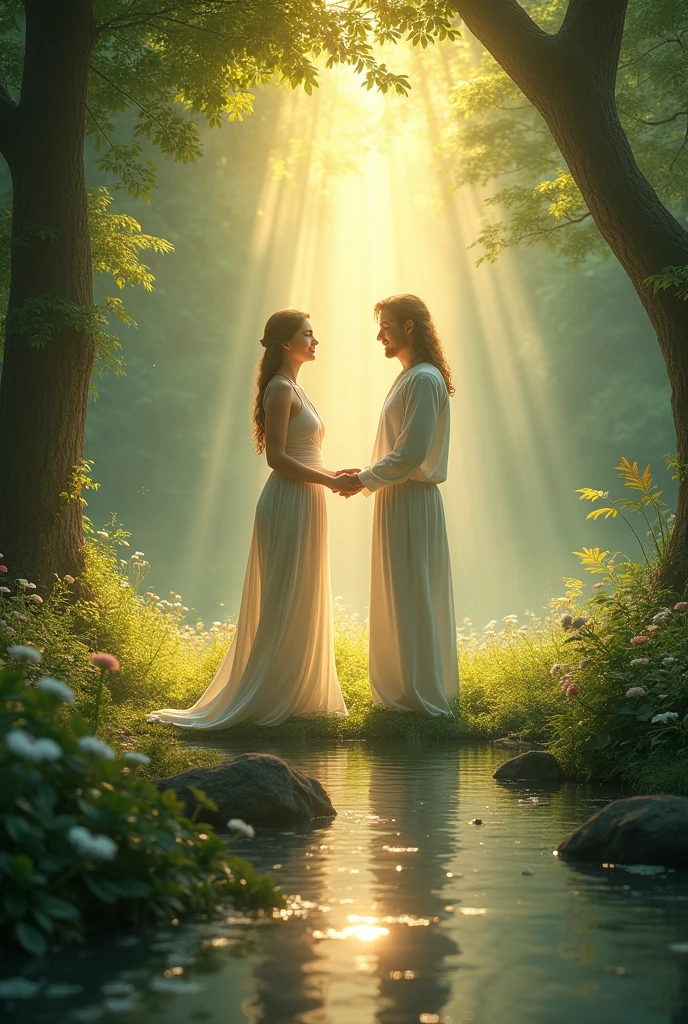 CREATE AN IMAGE OF A WOMAN AND A MAN IN THE MIDDLE OF NATURE REPRESENTING THAT THEY HAVE RECEIVED THE BLESSING OF HEALING