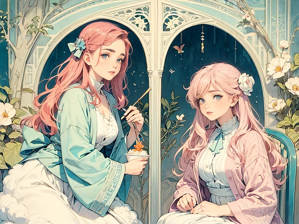 ((masterpiece)), (Highest quality), (Cinematic),  Art Nouveau watercolor , Floral_background, Intricate designs and patterns in the style of Alphonse Mucha，\One Woman, Pink Hair, Long Hair, Cotton candy shaped hair, Fluffy hair, Thick eyebrows, Pink dress, Light blue cardigan, Sitting on a chair, Sheep next to\