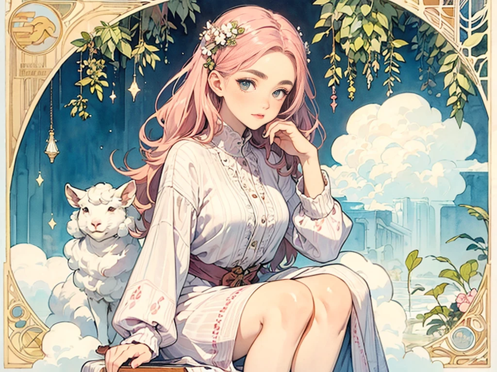 ((masterpiece)), (Highest quality), (Cinematic),  Art Nouveau watercolor , Floral_background, Intricate designs and patterns in the style of Alphonse Mucha，\One Woman, Pink Hair, Long Hair, Cotton candy shaped hair, Fluffy hair, Thick eyebrows, Pink dress, Light blue cardigan, Sitting on a chair, Sheep next to\