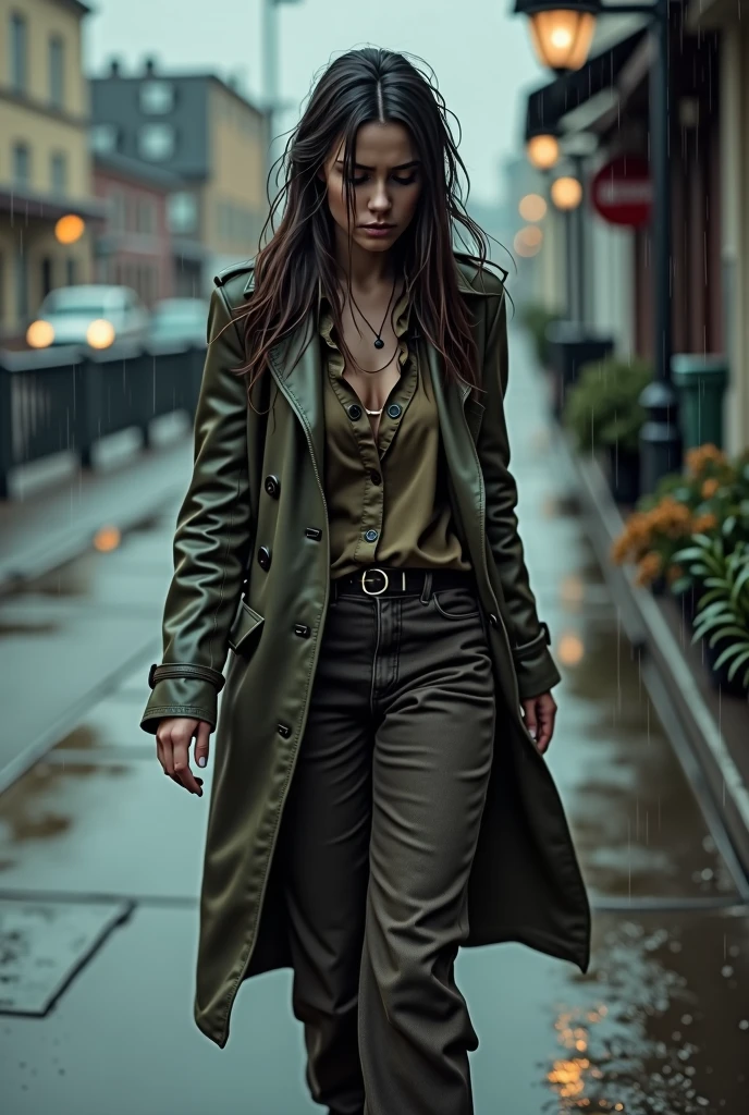 (photorealism:1.2), beautiful woman, sad face, walking on a wet sidewalk, wearing a loose jacket, cloudy, it's raining, her hair is wet, her clothes are wet, realistic, complex details, warm colors, atmosphere of upset feelings of a woman