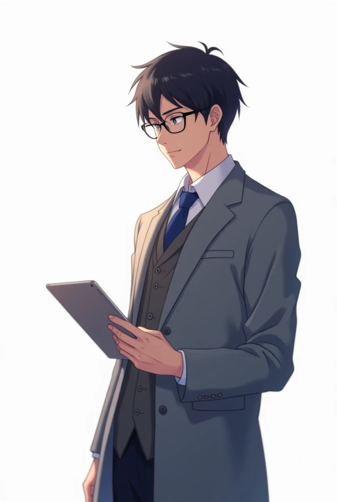 Male teacher, black hair, wearing glasses, holding an iPad with one hand, anime image, white background, wearing a gray coat