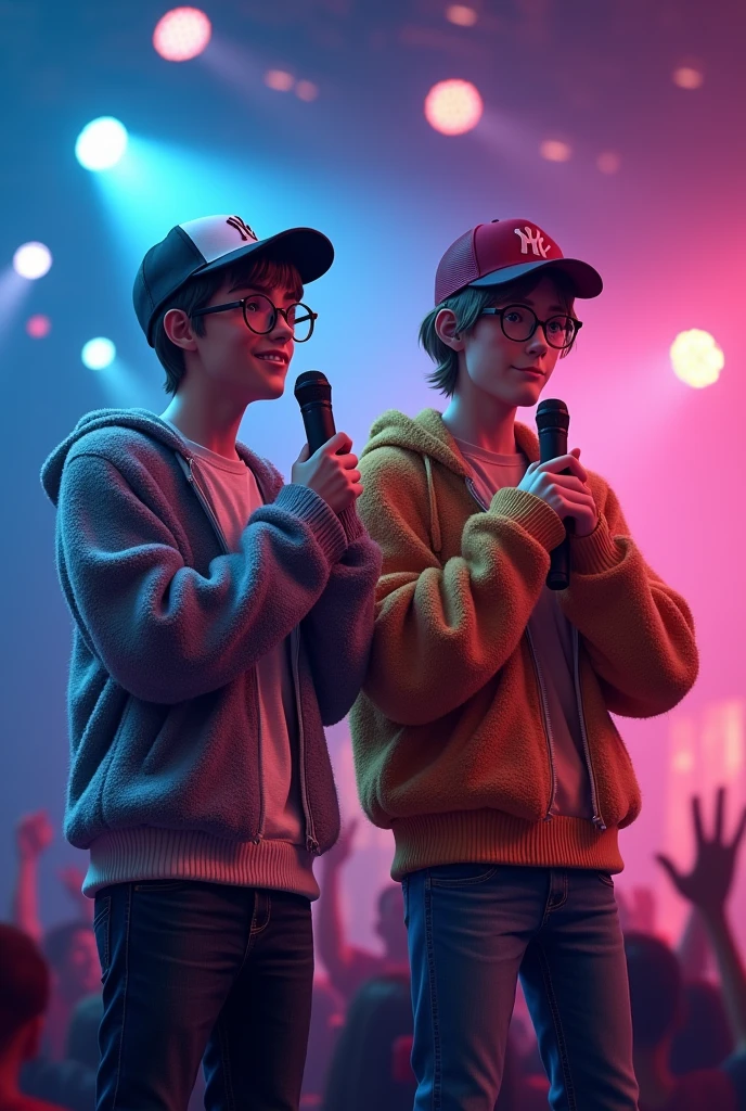 Cover of two teenage singers in concert, one boy with glasses, the other boy with a cap, both with sweaters