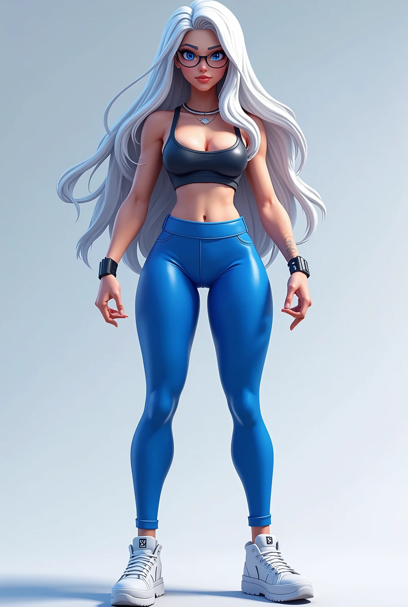 fortnite style girl, long white hair, Broad Hips, blue colored eyes, Wearing allstar sneakers, glasses, top azul cobalto sexy legging preta justa, fully body
