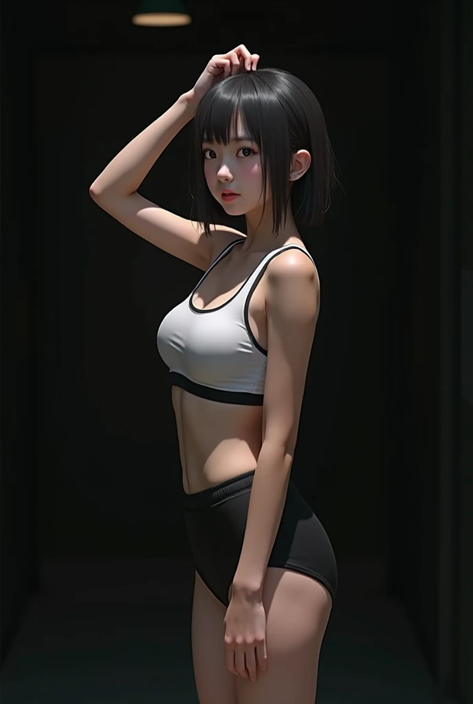 Realistic glowing skin, (発Sweat:1.8),Stand backwards,Look back at your face,Always look at the camera,(発Sweat:1.8),(Beautiful nipples in real life:1.6),,(whole body:1.9),(発Sweatしたリアルな白い肌:1.9),White socks, (black running shoes:1.8),
,Cold look,Cold Stare,Black Hair,short hair,Tie your hair short,Silky translucent white skin,,(Very detailed美しい顔), Great face and eyes, (Highest quality:1.4), (Very detailedな), (Very detailed CG 統合 8k 壁紙), Very detailed, High resolution raw color photos, Professional photography, Realistic portrait,Sweat,,(A Cup:1.9),(Flat Chest:1.9),(Very small breasts:1.9),(Breast augmentation:0.1),(Small breasts beginning to swell:1.9),(Breasts during puberty:1.9),
, (少女のwhole bodyの詳細なRAW写真), Canon EOS R5 250mm, Sharp focus, Cinema Lighting, (No makeup:1.2), Fine skin, Delicate collarbone,,(Ultra-high resolution:1.6), (Realistic:1.6),,(Japanese girls:1.9),(whole body:1.8),(Sweatが滴る肌:1.9),(The lower half of the body is a black athletics uniform:1.9),(Sweatで滲んだ肌:1.9),(Age is :1.9),(Raise your arms above your head:2),(The upper body is a white athletics uniform:1.9),Height is 155cm,Non-erect, thin nipples,very small nipples,Natural nipples,Real girl nipples,Not disgusting nipples,(Outdoor:1.8),Sweat,(Sweatばんだ肌:1.9),(Clothing: Minimal:1.8),(Outdoorの陸上競技場:1.9),Sweat,Armpit hair