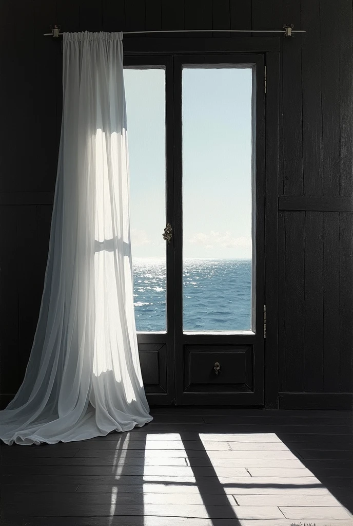 Abstract geometric minimalist vivid impasto thick oil paint in black and white, painting of shadows in a room, 19th century Dutch East Indies Indonesia village wooden hut bedroom open  Mediterranean window background scene Bali sea, white gauze curtain, strong wind, big bed, shadows daybreak twilight, dark, dramatic, Rembrandt lighting, serene calm