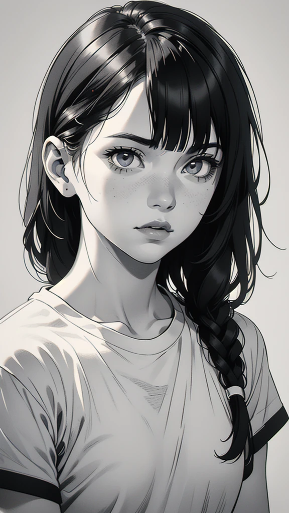 1 boyish girl, solo, sharp eyes, monochrome, greyscale, short black hair, portrait, white T-shirt, closed mouth, looking at viewer, graphite \(medium\), detailed lips, hatching \(texture\), without makeup, bangs, upper body, (best illustration), (best quality), (very detailed), (masterpiece), expressionless,