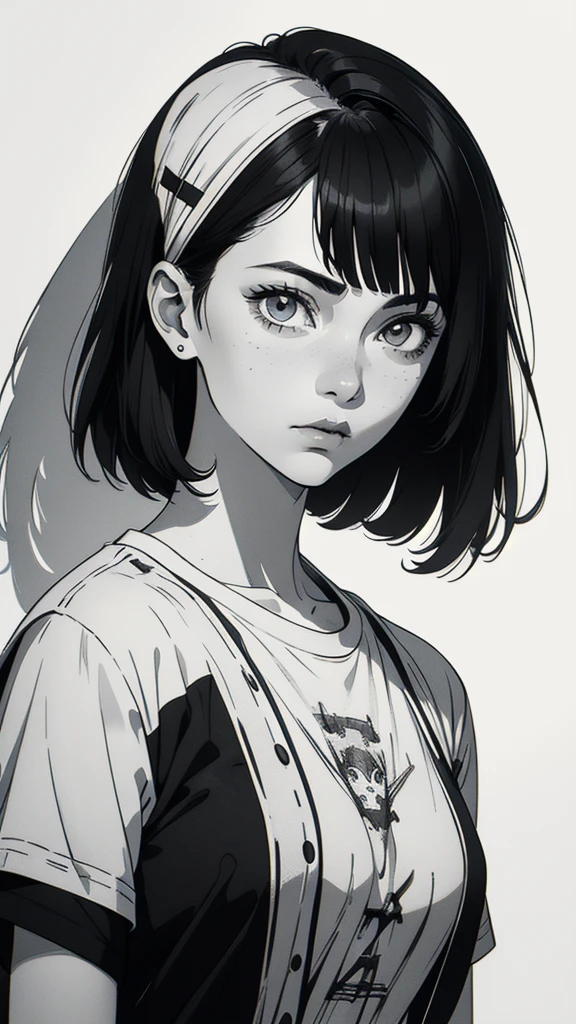 1 boyish girl, solo, sharp eyes, monochrome, greyscale, short black hair, portrait, white T-shirt, closed mouth, looking at viewer, graphite \(medium\), detailed lips, hatching \(texture\), without makeup, bangs, upper body, (best illustration), (best quality), (very detailed), (masterpiece), expressionless,