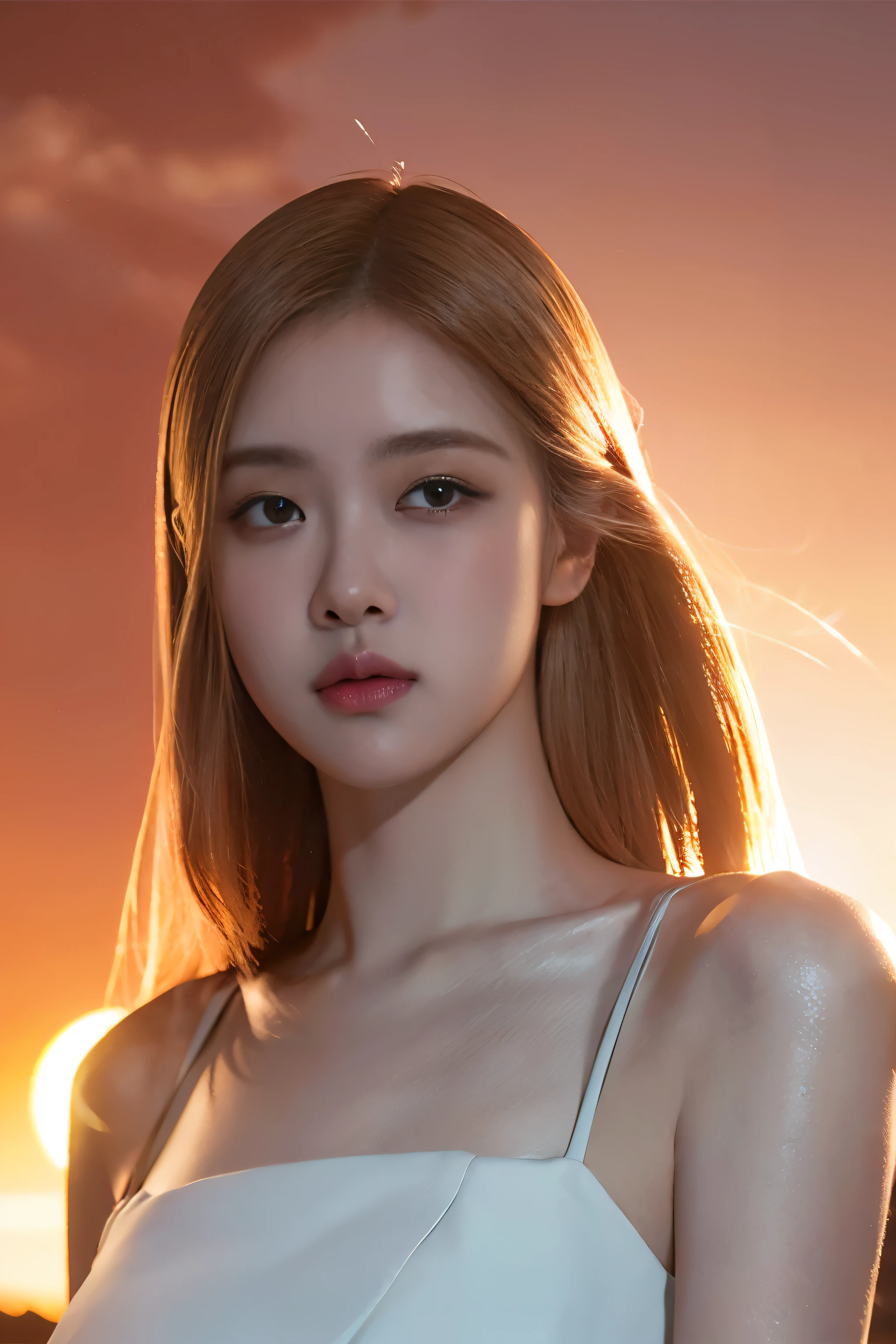 a girl enjoying the sunset, detailed face and eyes, serene expression, photorealistic, dramatic lighting, sunset colors, vivid colors, highly detailed, masterpiece, 8k, hyper realistic, volumetric lighting, cinematic, award-winning photography, a beautiful blonde girl in a white dress