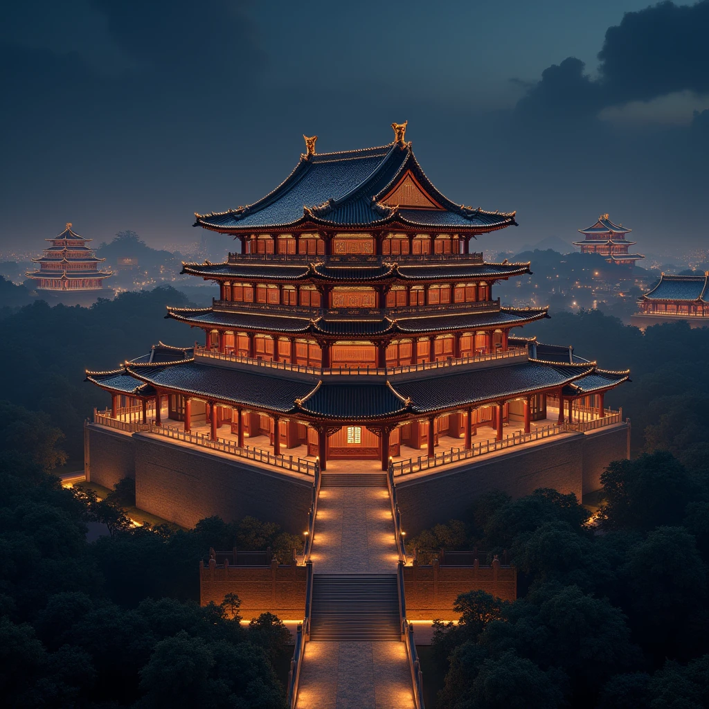 Chinese palace rooftop at night with thousands of lights