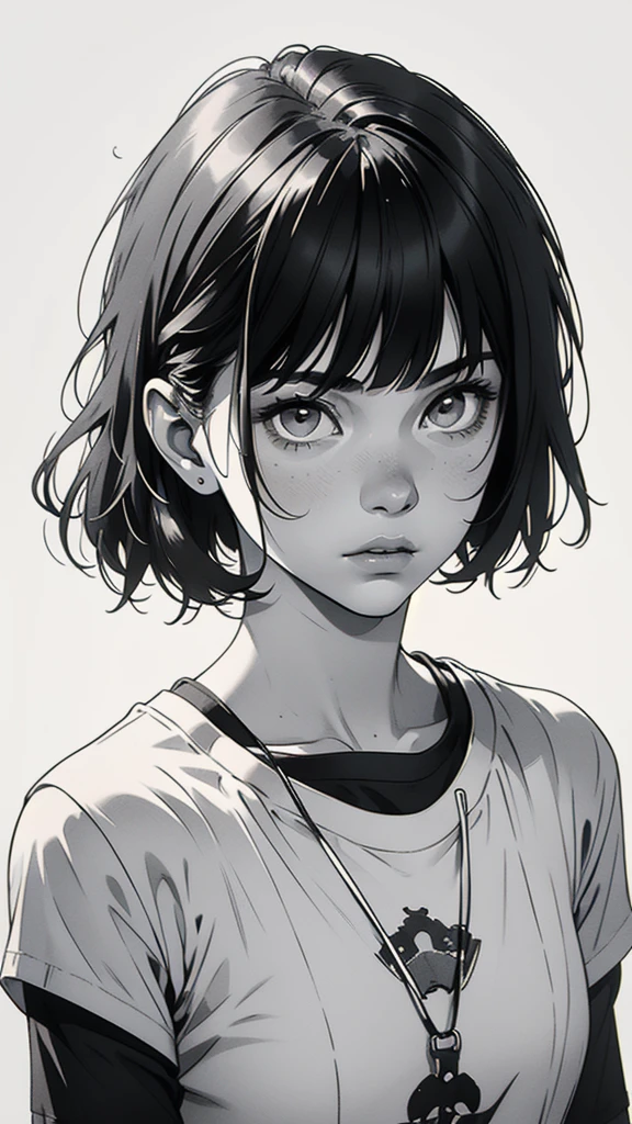 1 boyish girl, solo, sharp eyes, monochrome, greyscale, short black hair, portrait, white T-shirt, closed mouth, looking at viewer, graphite \(medium\), detailed lips, hatching \(texture\), without makeup, bangs, upper body, (best illustration), (best quality), (very detailed), (masterpiece), expressionless,