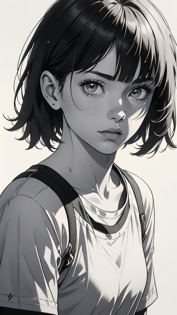 1 boyish girl, solo, sharp eyes, monochrome, greyscale, short black hair, portrait, white T-shirt, closed mouth, looking at viewer, graphite \(medium\), detailed lips, hatching \(texture\), without makeup, bangs, upper body, (best illustration), (best quality), (very detailed), (masterpiece), expressionless,