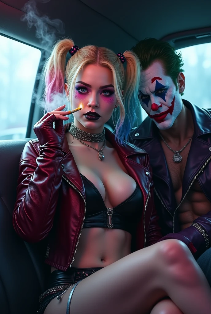 Masterpiece, close up portrait of harley quinn. Pink and blue makup around her eyes with glossy black lips. She is posing sexy. a lit cigarette between her lips and exhaling creamy smoke from her mouth. Lots of smoke lingers and drifts in the air all around her and fills the limousine. She has thick long blonde hair tied in twin bunches with pink and blue ends and she is wearing a short tight black and red leather punk jacket with chains and spikes. Sitting next to her is the joker, white and red face paint and purple jacket with studs. Very Thick smoke fills the limousine like a fog. The joker is grabbing harley's breast and she is in love with joker. detailed and colourful digital comicbook art with deep shadows.