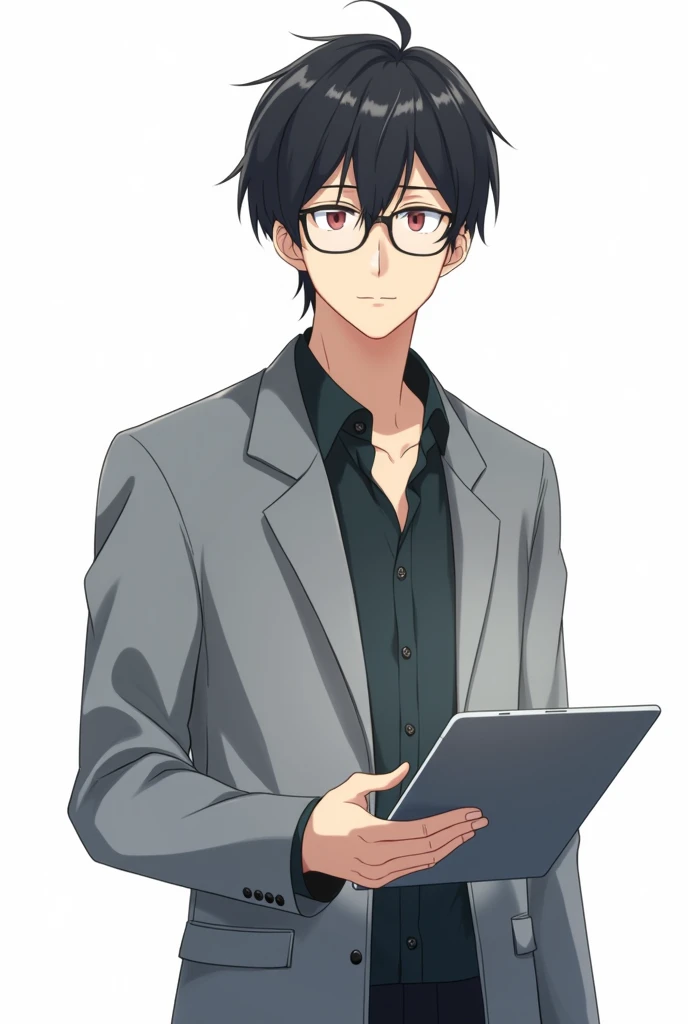 Male teacher, black hair, wearing glasses, holding an iPad with one hand, anime image, white background, wearing a gray coat
