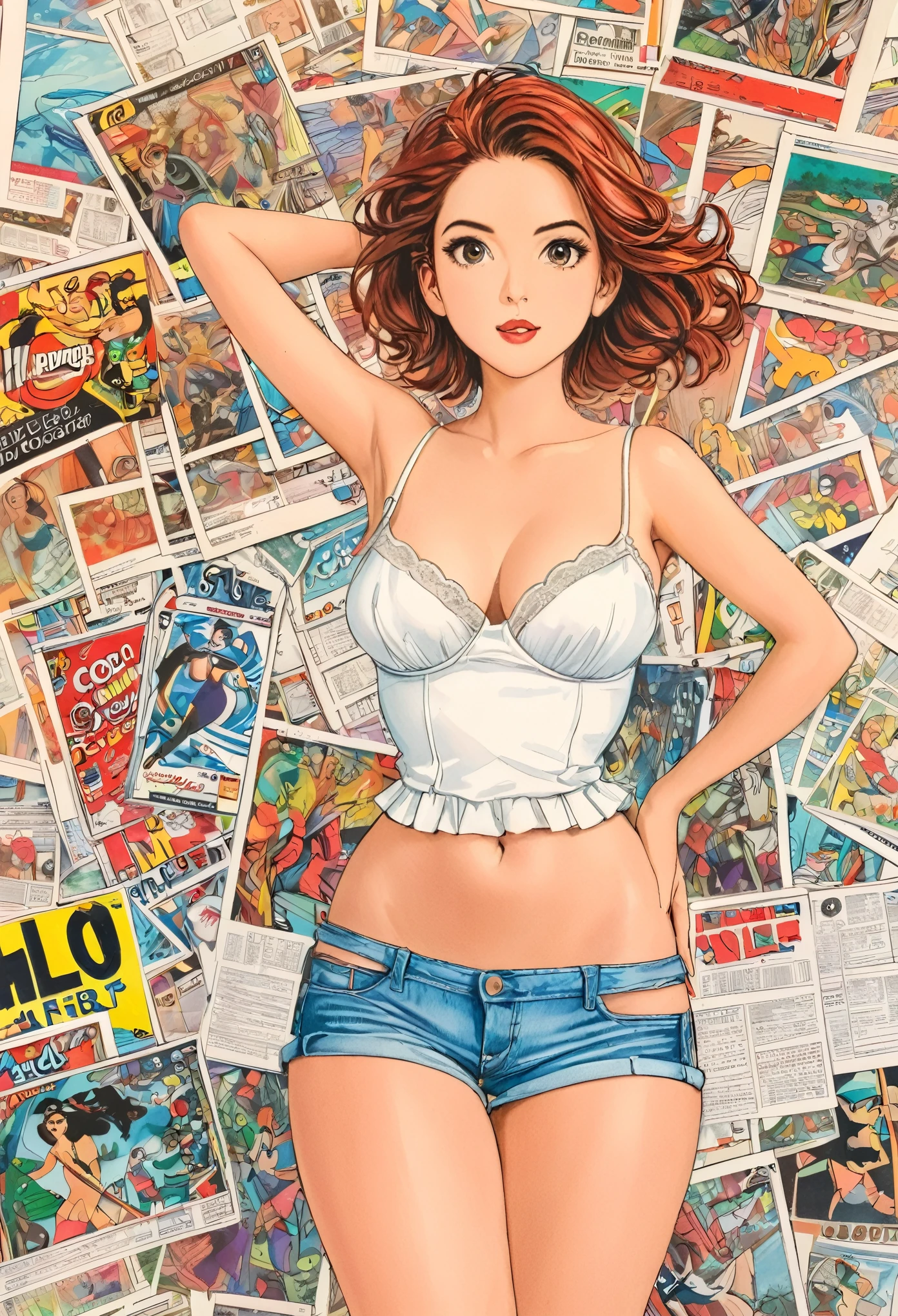 woman,Short camisole,white,art,advertisement,Colored pencil drawing,draft ,figure,Comic Collage