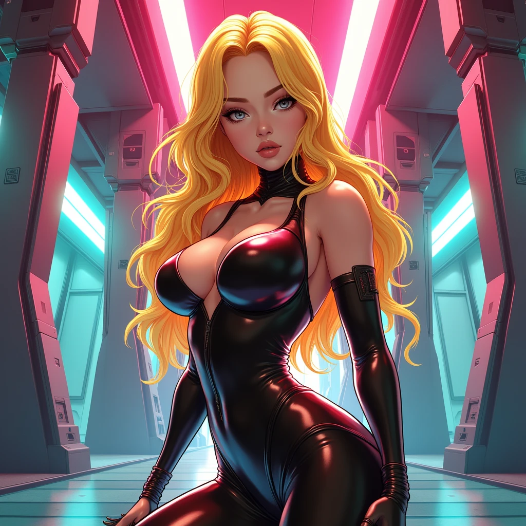SENSUAL MUSCULOUS BLONDE WOMAN YELLOW BLONDE HAIR LATEX OVERALL ,Create a COLORFULL-clothed female anime character in a bot model