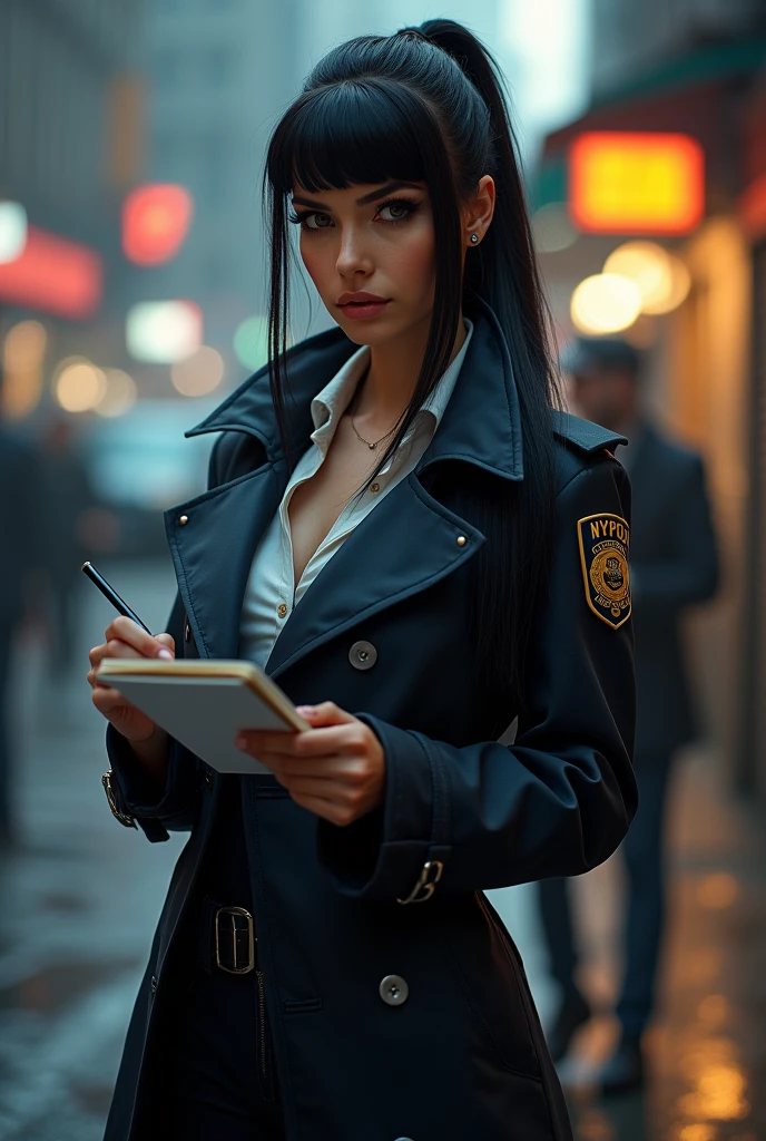 ultra realistic, photography, long black straight hair in a ponytail, elegant hair, (30 years old, hazel eyes, hourglass figure, perfect fit body, natural big breasts), firtatious look, femme fatale, long eyelashes, cat-eye make-up, she is dressed like a NYPD detective, under her trenchcoat her shirt is buttoned up, she has a notepad in her hands, she is taking notes, ahe is at a homicide scene, full body picture, wide angle