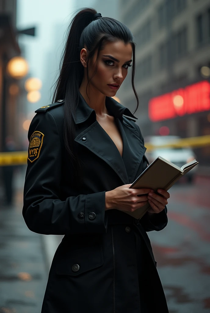 ultra realistic, photography, long black straight hair in a ponytail, elegant hair, (30 years old, hazel eyes, hourglass figure, perfect fit body, natural big breasts), firtatious look, femme fatale, long eyelashes, cat-eye make-up, she is dressed like a NYPD detective, under her trenchcoat her shirt is buttoned up, she has a notepad in her hands, she is taking notes, ahe is at a homicide scene, full body picture, wide angle