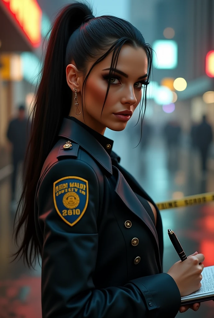 ultra realistic, photography, long black straight hair in a ponytail, elegant hair, (30 years old, hazel eyes, hourglass figure, perfect fit body, natural big breasts), firtatious look, femme fatale, long eyelashes, cat-eye make-up, she is dressed like a NYPD detective, under her trenchcoat her shirt is buttoned up, she has a notepad in her hands, she is taking notes, ahe is at a homicide scene, full body picture, wide angle