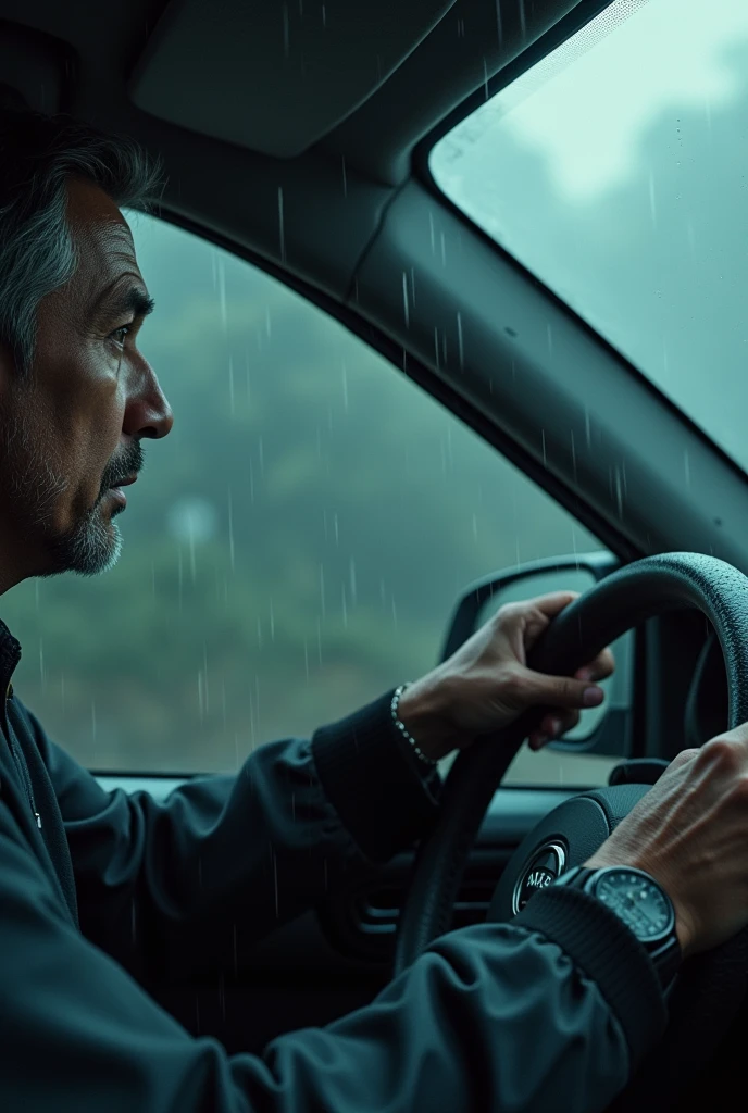 cinematic, photorealistic film poster of a man driving a car, who just met with an accident, shocked, front face, mid close up shot, hand in steering, Darjeeling, monsoon, heavy fog, rainfall, wrecked bumper, evening