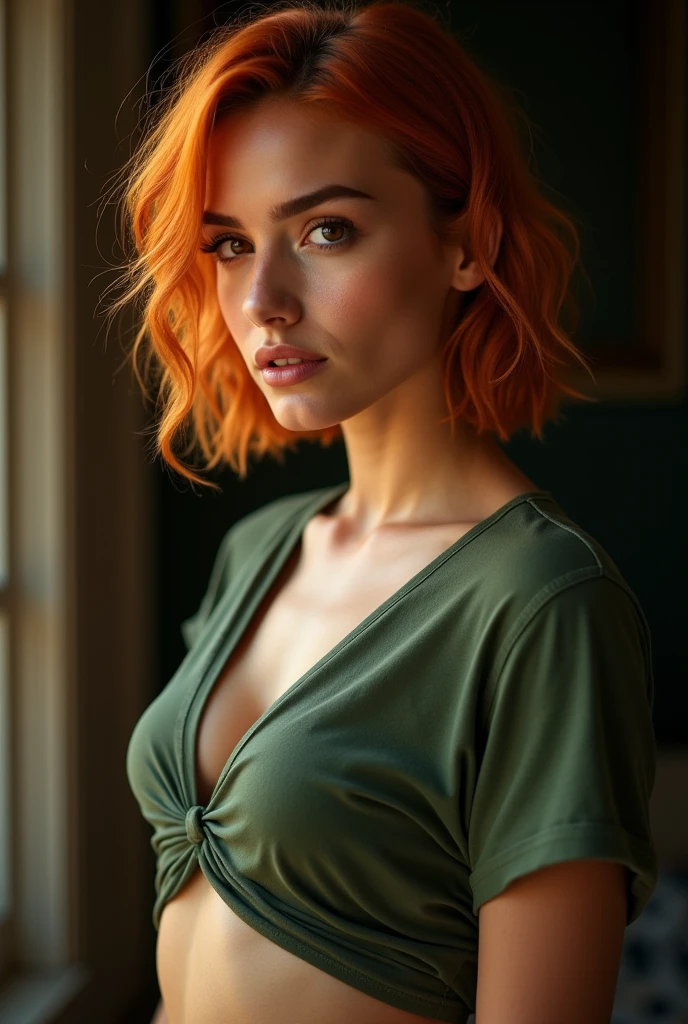 drop dead gorgeous girl, looking downwards, 1, German and Mexican mix, wearing a green too short t-shirt, flat chest, short orange hair, twisted half-up half-down, seductive facial expression, looking downwards