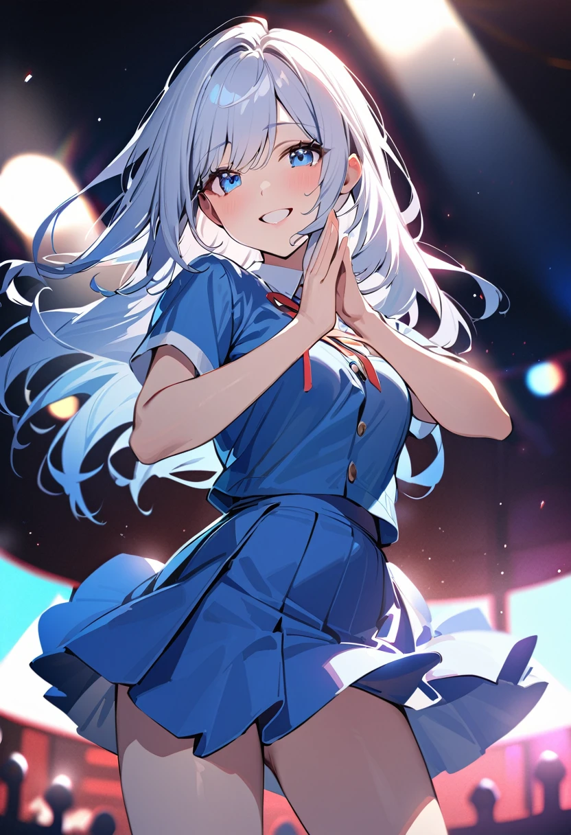 Masterpiece, best quality,  a girl with white hair, blue eyes, beautifully smiling,  modern high school student, cute, on the stage, summer, singing, looking forward, middle straight hair, school suits, dancing, solo, blue light, less expose