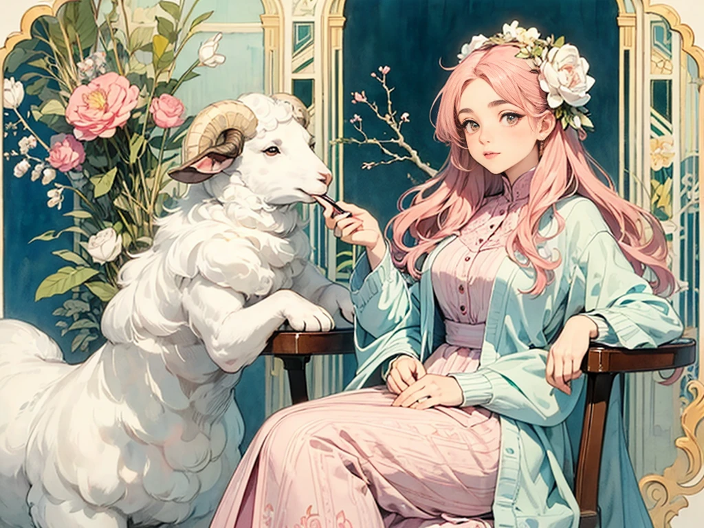 ((masterpiece)), (Highest quality), (Cinematic), Art Nouveau watercolor , Floral_background, Intricate designs and patterns in the style of Alphonse Mucha，\One Woman, Pink Hair, Long Hair, Cotton candy shaped hair, Fluffy hair, Thick eyebrows, Pink dress, Light blue cardigan, Sitting on a chair, Sheep next to\