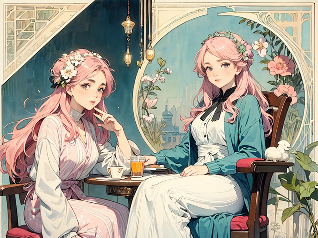 ((masterpiece)), (Highest quality), (Cinematic), Art Nouveau watercolor , Floral_background, Intricate designs and patterns in the style of Alphonse Mucha，\One Woman, Pink Hair, Long Hair, Cotton candy shaped hair, Fluffy hair, Thick eyebrows, Pink dress, Light blue cardigan, Sitting on a chair, Sheep next to\