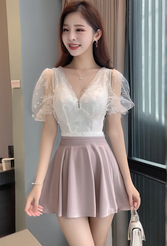 A woman with a beautiful girl々Create a new, whole body, A short sheer dress for、For girls, remove the low-cut see-through blouse and mini skirt., I'm looking forward to both, The boy is kissing her breast, Make it look realistic