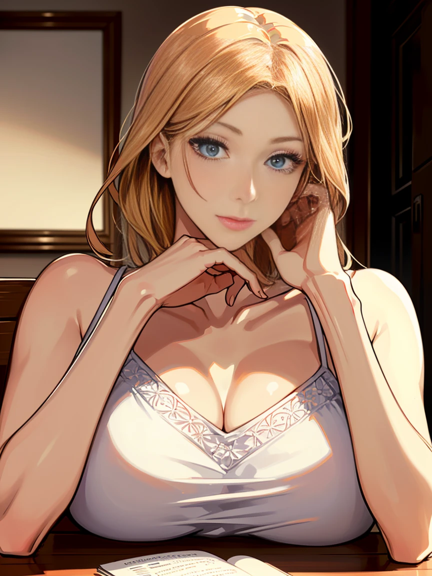 ((alone, 1 girl)), ((break , camisole )), (smile), manner, big breasts、break looking at viewer, break indoors, ((sitting at the table, crushed on the table)), (((face focus, close up of face, attractive face))), beautiful face, ((put your hand on your chin)) break (masterpiece:1.2), highest quality, High resolution, unity 8k wallpaper, (shape:0.8), (((upper body only, upper body shot))), (beautiful and detailed eyes:1.6), highly detailed face, perfect lighting, Very detailed CG, ((perfect hands, perfect anatomy)),((hand cover ))