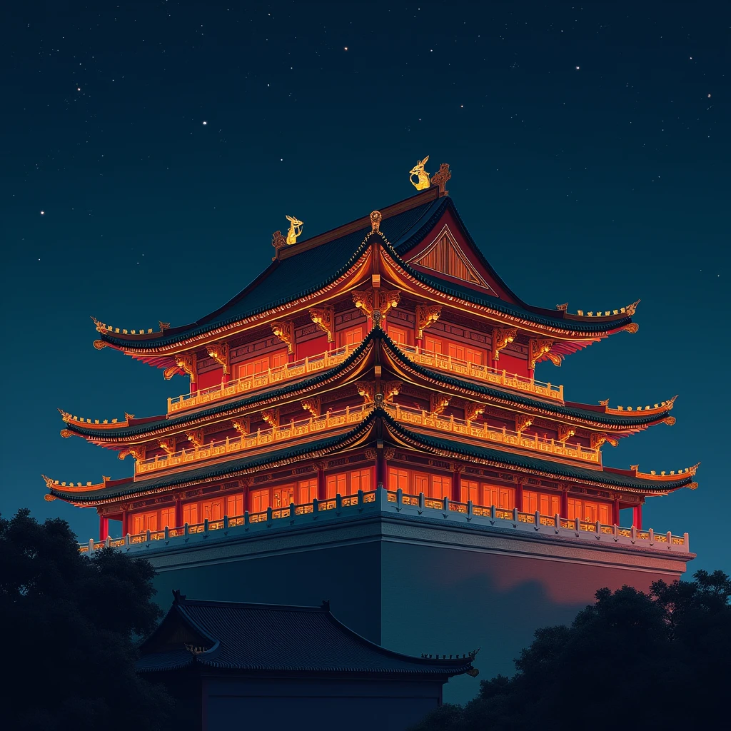 Chinese palace roof night illustration lights
