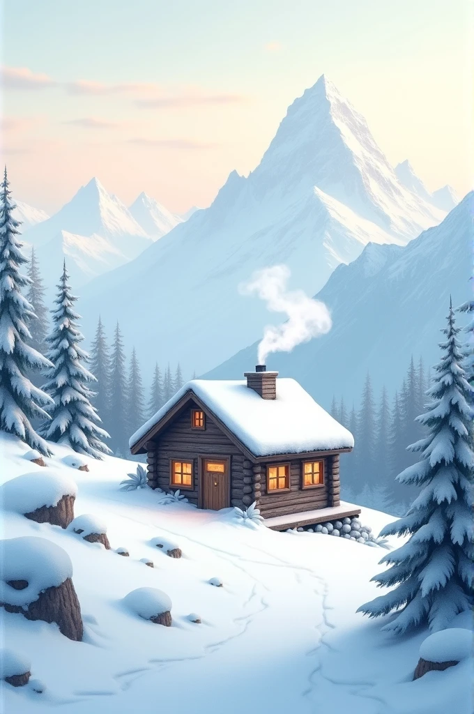 Mountain Cabin: A small wooden cabin nestled in the mountains, with smoke rising from the chimney. The surrounding landscape is covered in snow, and the sky is a soft pastel color.