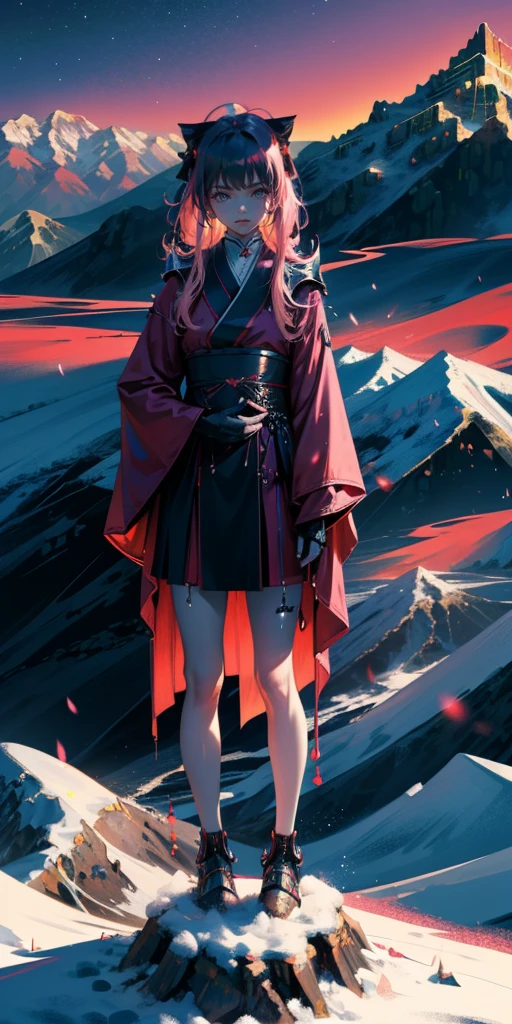Science-Fiction, flauschige, uhd, 4k, textured skin, good quality, High details, masterpiece, best quality, (Amazingly absurd:1.2), (masterpiece:1.2), 1 Vampire Girl holding a Katana, evil laugh, not looking at viewer, Kimono, standing, looking in the distance, evil smirking, glowing red eyes, very long hair, shiny hair , fullbody, two colored hair, hairbow, glowing dress, black knee socks, Kawaiitech, soft colours, Kawaii, Beautiful colors, studio lighting, (Mountaintop:2), (Night:2),