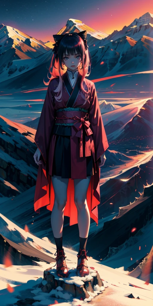 Science-Fiction, flauschige, uhd, 4k, textured skin, good quality, High details, ​masterpiece, best quality, (Amazingly absurd:1.2), (​masterpiece:1.2), 1 Vampire Girl holding a Katana, evil laugh, not looking at viewer, Kimono, standing, looking in the distance, evil smirking, glowing red eyes, very long hair, shiny hair , fullbody, two colored hair, hairbow, glowing dress, black knee socks, Kawaiitech, soft colours, Kawaii, Beautiful colors, studio lighting, (Mountaintop:2), (Night:2),