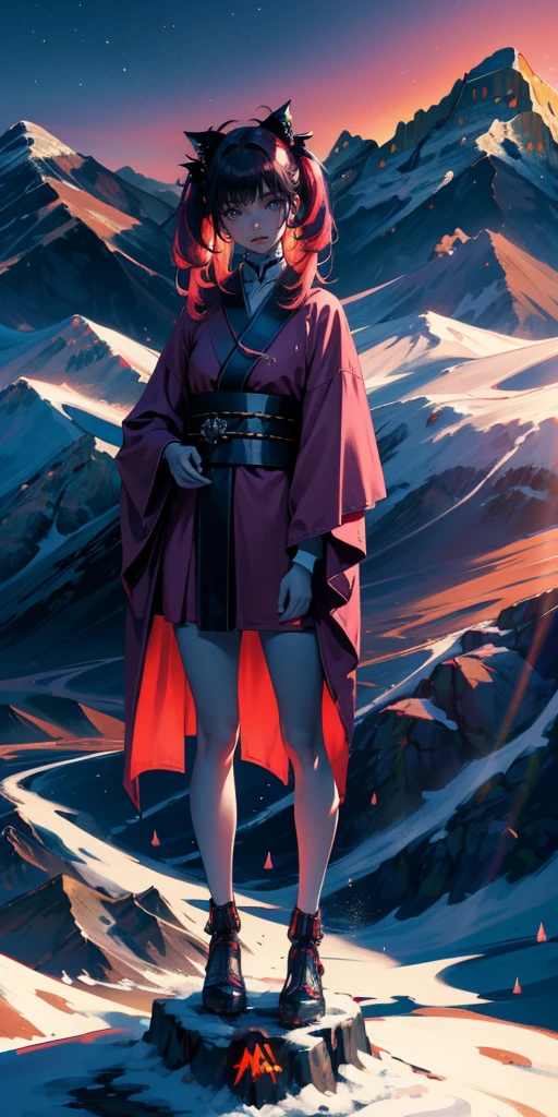 Science-Fiction, flauschige, uhd, 4k, textured skin, good quality, High details, masterpiece, best quality, (Amazingly absurd:1.2), (masterpiece:1.2), 1 Vampire Girl holding a Katana, evil laugh, not looking at viewer, Kimono, standing, looking in the distance, evil smirking, glowing red eyes, very long hair, shiny hair , fullbody, two colored hair, hairbow, glowing dress, black knee socks, Kawaiitech, soft colours, Kawaii, Beautiful colors, studio lighting, (Mountaintop:2), (Night:2),