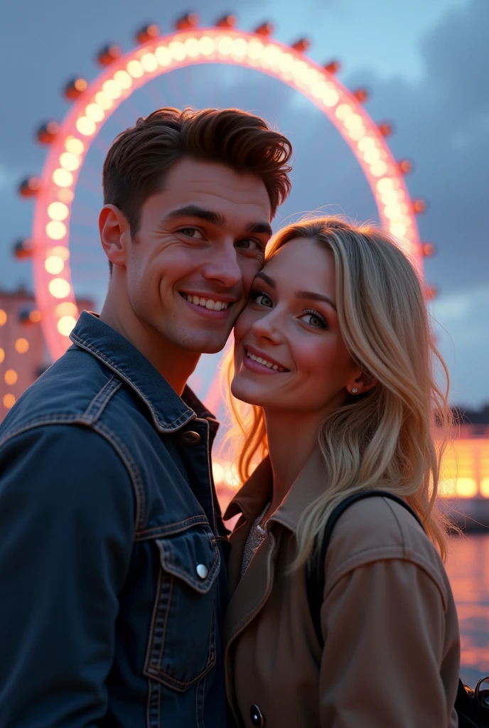 (photorealism:1.2), A couple hugging in front of the London Eye, taking a profile selfie man brown hair and eyes, blonde woman with green eyes 8k ultra realistic