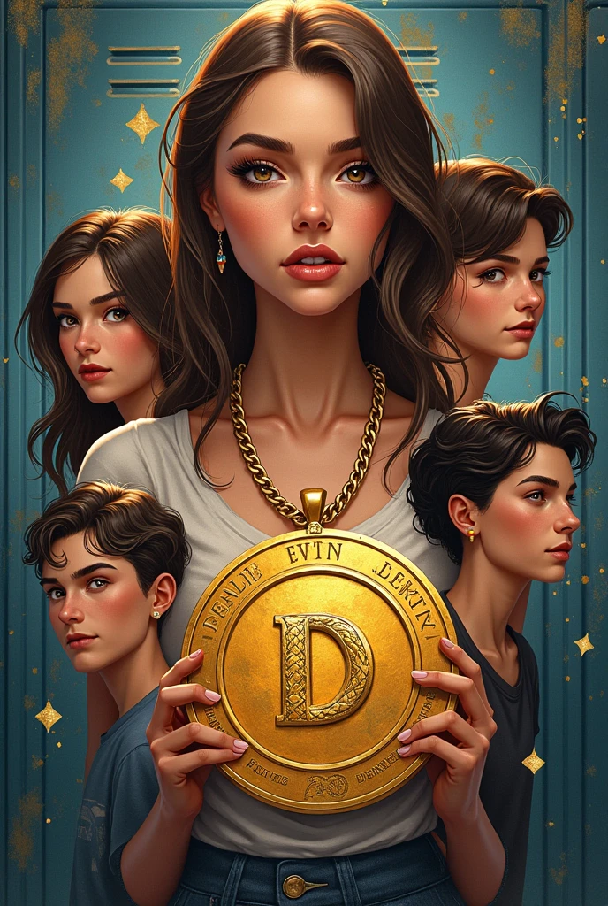 I need a cover for a book, A gold medallion necklace, 5 personne (3 fille,2 boy ) a high school 