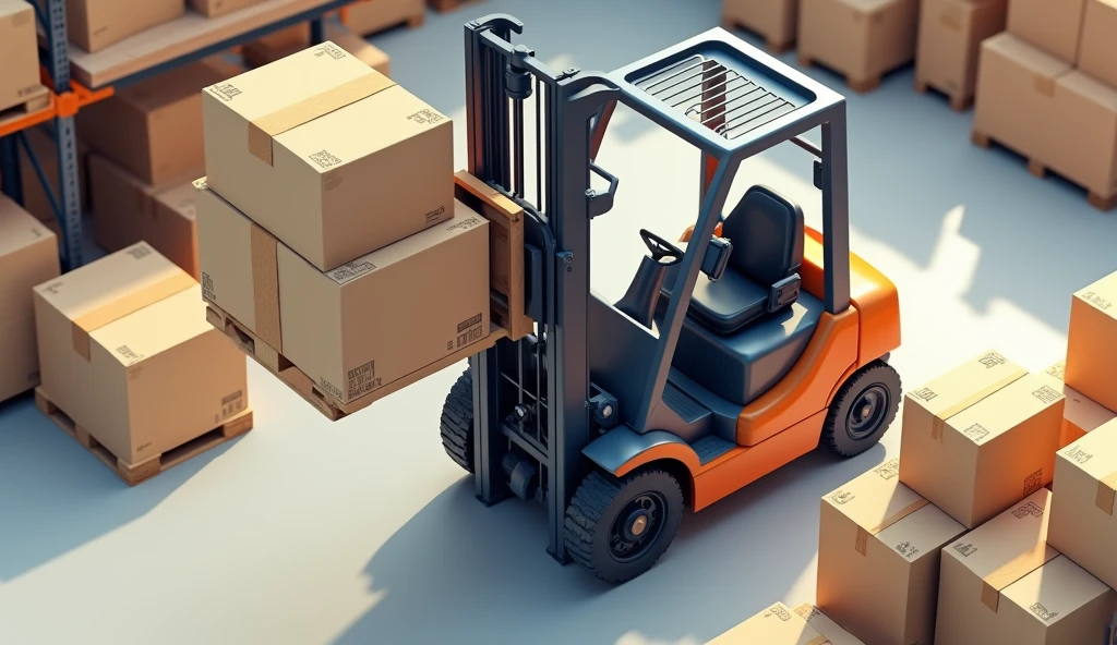 Create a vibrant 3D illustration showing a close-up and top-side view of a forklift in a warehouse or store. Focus on details such as the forklift lifting boxes and surrounding equipment. The color theme should be neutral, with no specific color accents, emphasizing the realistic design and functionality of the forklift