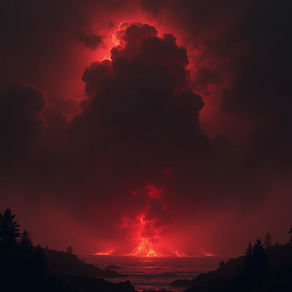 A large, dirty, dark red cloud is gathering from all directions.,This cloud is as thick as a substance,Rolling in the night sky like a swamp hanging upside down overhead,Looks scary and disgusting,As the clouds gathered,A dark red flame began to spread behind the thick clouds.,It's like there's a sea of fire above the dark clouds.。