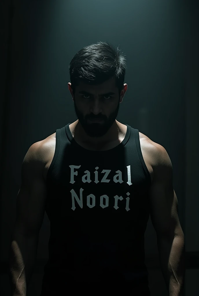 Man but his face is hidden in darkness wearimg a sleevless shirt that says "Faizal Noori"