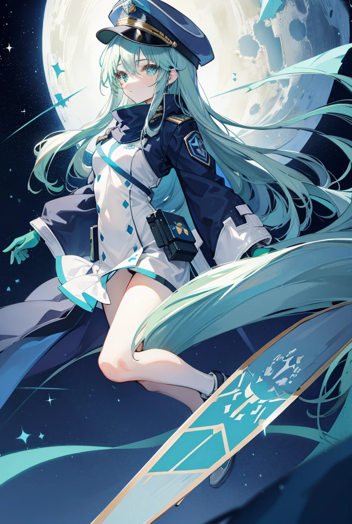 bondrewd wearing a blue peaked cap with light color green hair, 1girl, long hair, gloves, green eyes, white gloves, blue military uniform, pelvic_curtain, no pant, looking at sky, very long hair, white hair green color inner, uniform, solo, mature female, perfect full body, beautiful background (night sky, stars), ultra detailed, detailed eyes, Star Wars CIS emblem on the hat, vibrant colors