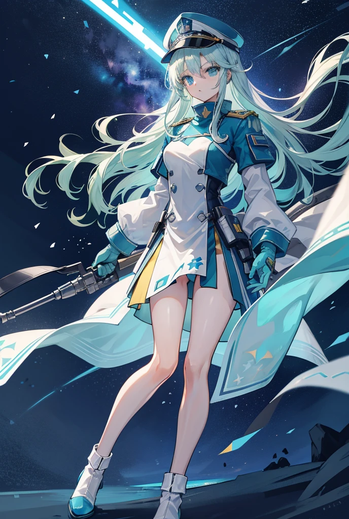 bondrewd wearing a blue peaked cap with light color green hair, 1girl, long hair, gloves, green eyes, white gloves, blue military uniform, pelvic_curtain, no pant, looking at sky, very long hair, white hair green color inner, uniform, solo, mature female, perfect full body, beautiful background (night sky, stars), ultra detailed, detailed eyes, Star Wars CIS emblem on the hat, vibrant colors