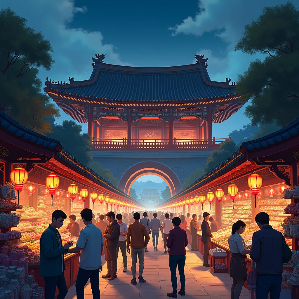 Chinese palace roof night illustration night market