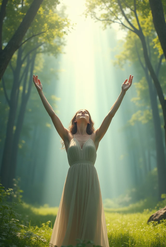 CREATE AN IMAGE OF A WOMAN IN THE MIDDLE OF NATURE WITH HER ARMS RAISED TOWARDS THE BLUE SKY RECEIVING DIVINE LIGHT AS A HEALING MIRACLE