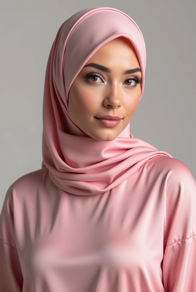 best quality, masterpiece:1.3 portrait), detailed, perfect face,hijab satin pink . 35year old women, (( . ((Nude breast))((Full body nude). ((Big tight)).skinny  . medium busty breast saggy.