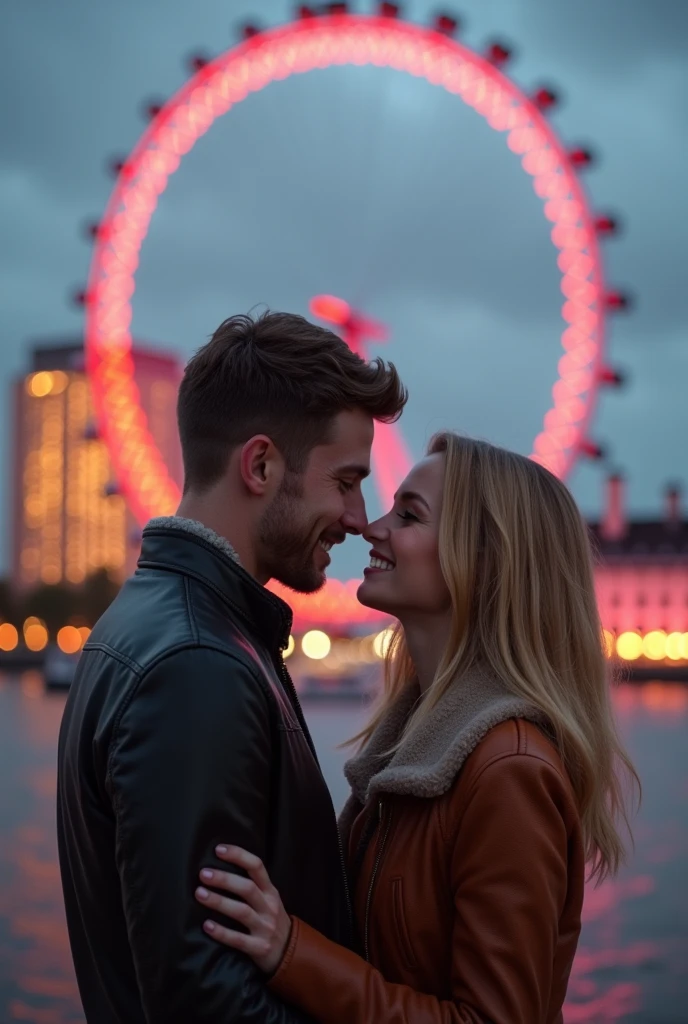 (photorealism:1.2), A couple hugging in front of the London Eye,  taking a profile selfie man brown hair and eyes, blonde woman with green eyes 8k ultra realistic